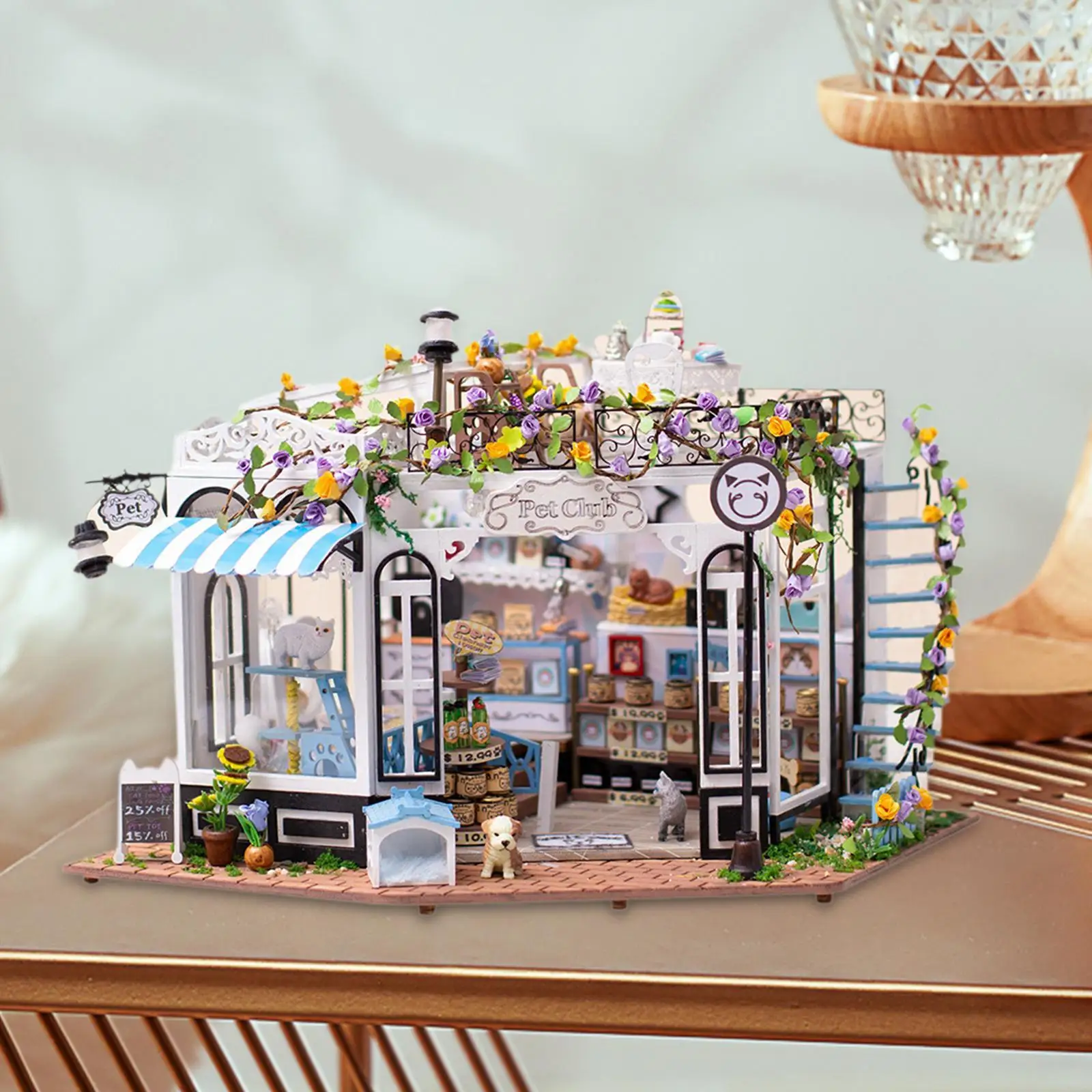 DIY Drewniany miniaturowy domek dla lalek Klub dla zwierząt z meblami Mały domek dla dorosłych