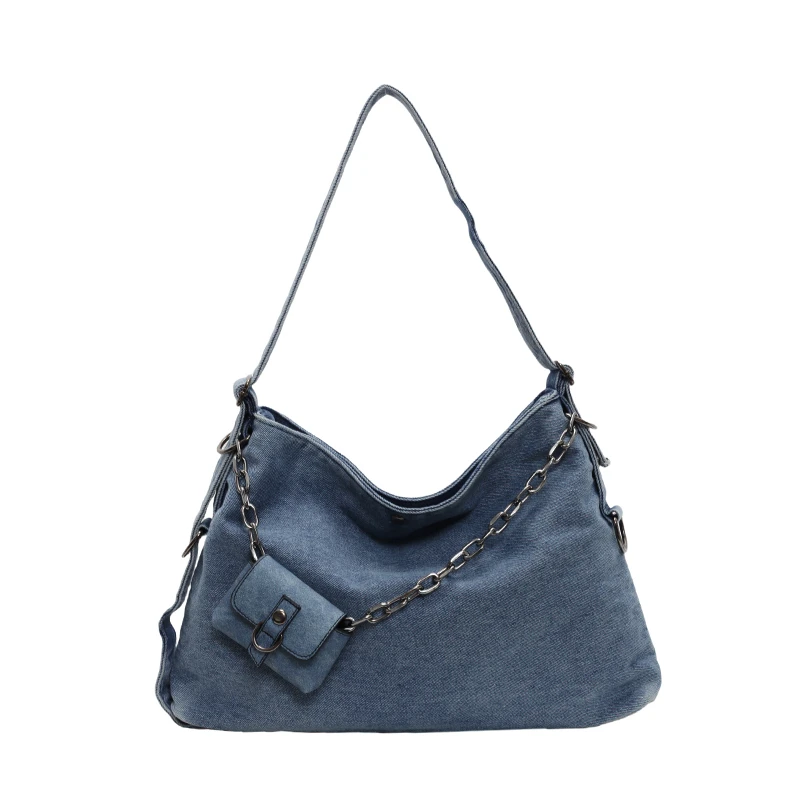 Casual Handbag Women Large Capacity Foldable Denim Shopping Tote Bag Ladies Chain Shoulder Crossbody Bag With Mini Coin Pocket