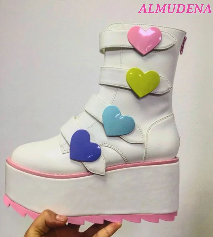White Platform Heart Buckled Booties Women Big Size 46 High Heels Leather Zipper Ankle Boots Design Y2K Cute Lolita Dress Shoes image 3
