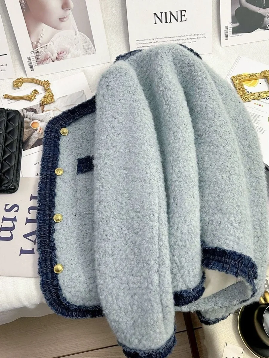 

Tweed Jacket Dark Blue For Girl Womens Autumn Rivet Leather Metallic Edgy Spicy Buckle Studs Irregular All-Match Hippie Chic Ins