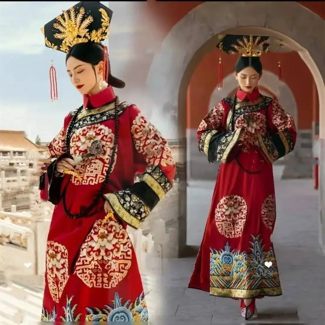 

Chinese Style Hanfu Dress Ancient Qing Dynasty Emperor's Wife Costume Vintage Floral Printing Carnival Stage Clothing