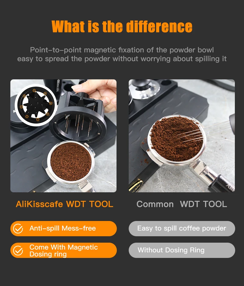 Alikisscafe Espresso-Rührwerk, Verteilungswerkzeug, rotierender Kaffee-Nadelverteiler für 51 mm, 53 mm, 58 mm Siebträger, Barista WDT-Werkzeuge – Detail 4