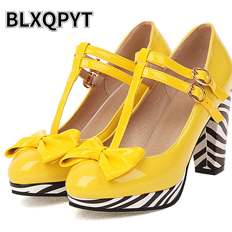 

BLXQPYT, размер 32, модные женские туфли-лодочки с круглым носком, платформа, высокий каблук, сексуальный ремешок с пряжкой, женская обувь, 3-18