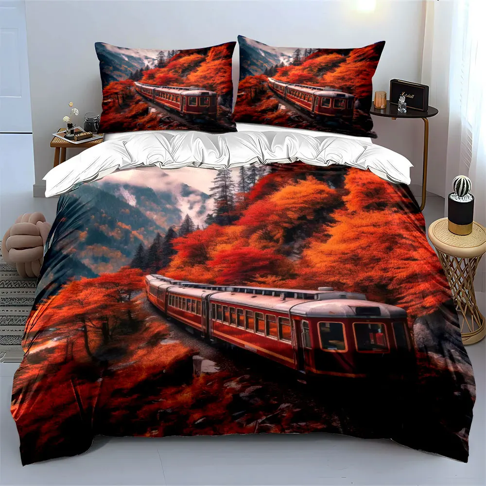 Autumn Scenery Train Decor Set Soft Skin-Friendly Bedding Set Includes 1 Duvet Cover And 2 Pillowcase, Gift