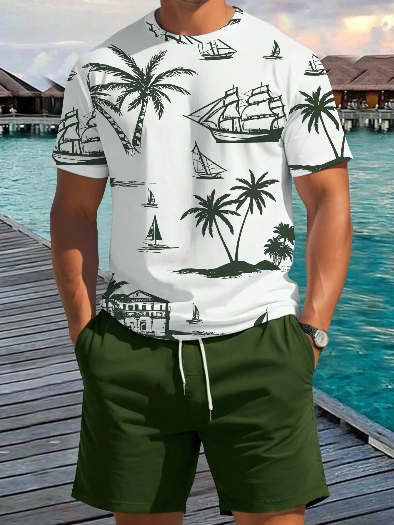 Conjunto de camiseta informal de manga corta con cuello redondo y pantalones cortos con cinturón, estampado de palmera de vacaciones para hombre, moda sencilla