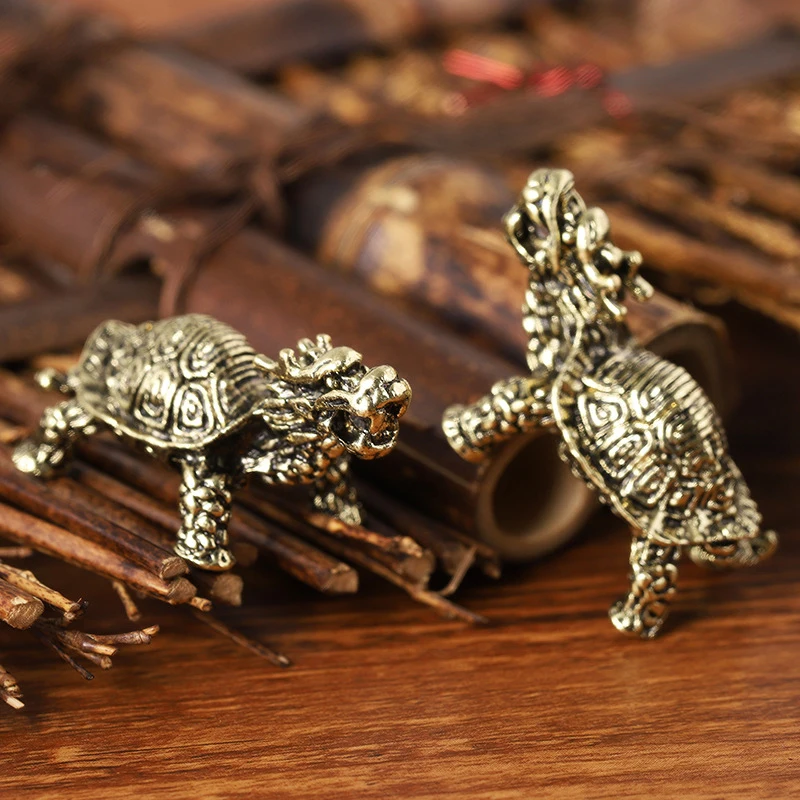 Retro Imitation Brass Dragon Turtle Figurine FengShui Key Chain Pendant Ornament