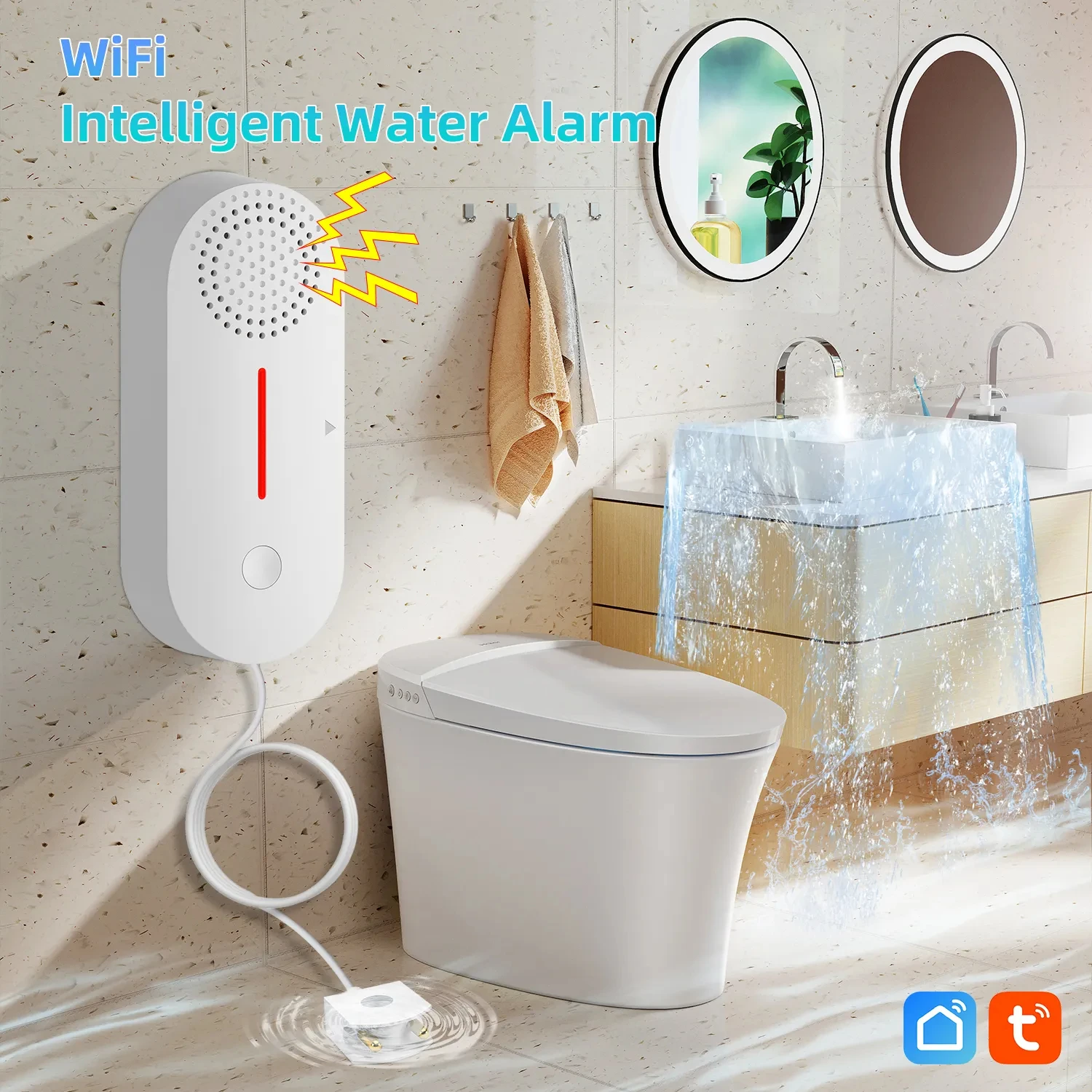 SMARSECUR WIFI Water Leakage Sensor Protection Alarm Detector with siren Smart Life App Power by Tuya