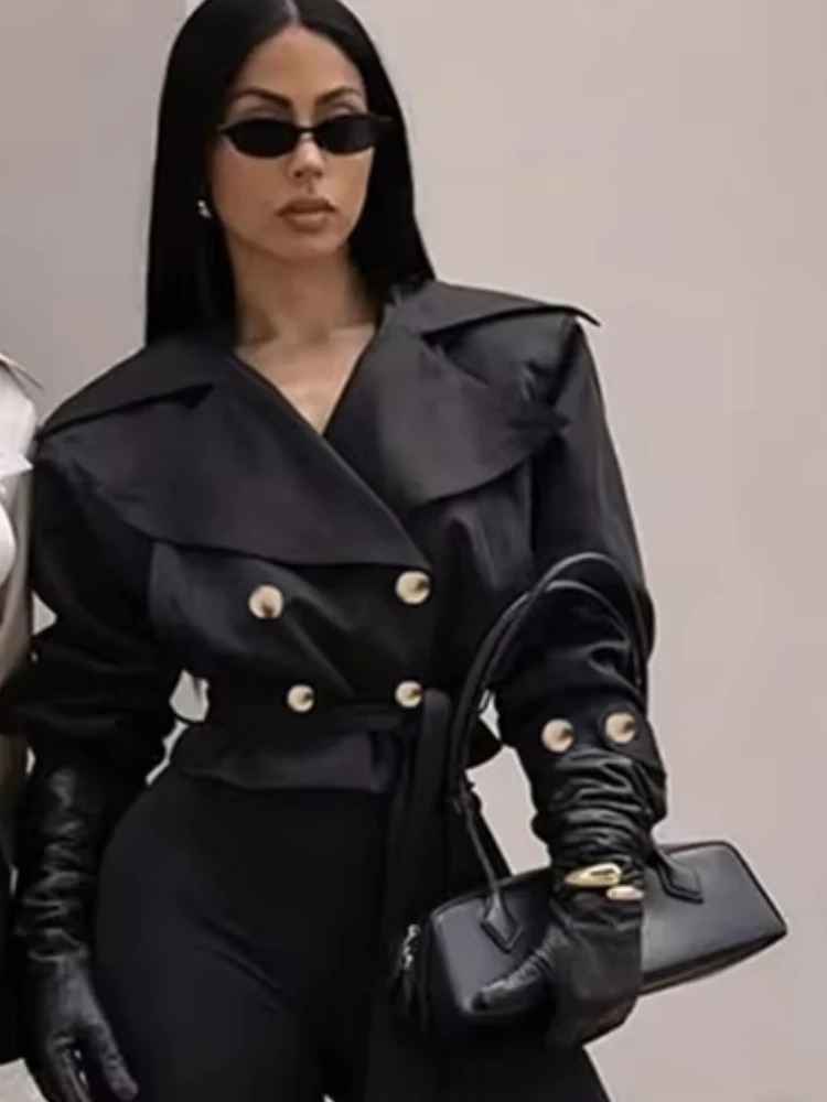 

Whatiwear, осенняя трендовая куртка, женская стильная куртка с лацканами, двубортный дизайн с длинными рукавами, бандажная форма, талия, классические пальто High Street