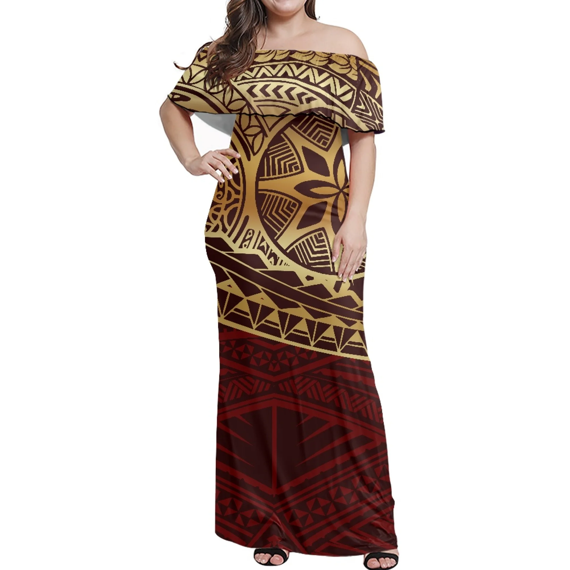 Tight-Fitting Hip Wrap Long Dress Sexy One-Line Shoulder Off-The-Shoulder Banquet Evening Gown Polynesian Art Print Custom