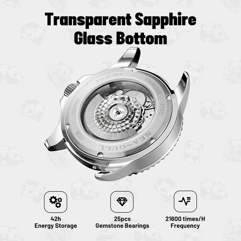 Seagull Diving Watch for Men Rolling Panda 44.5mm 10Bar Waterproof Luminous Sapphire Stainless Steel Strap Wristwatch 1066
