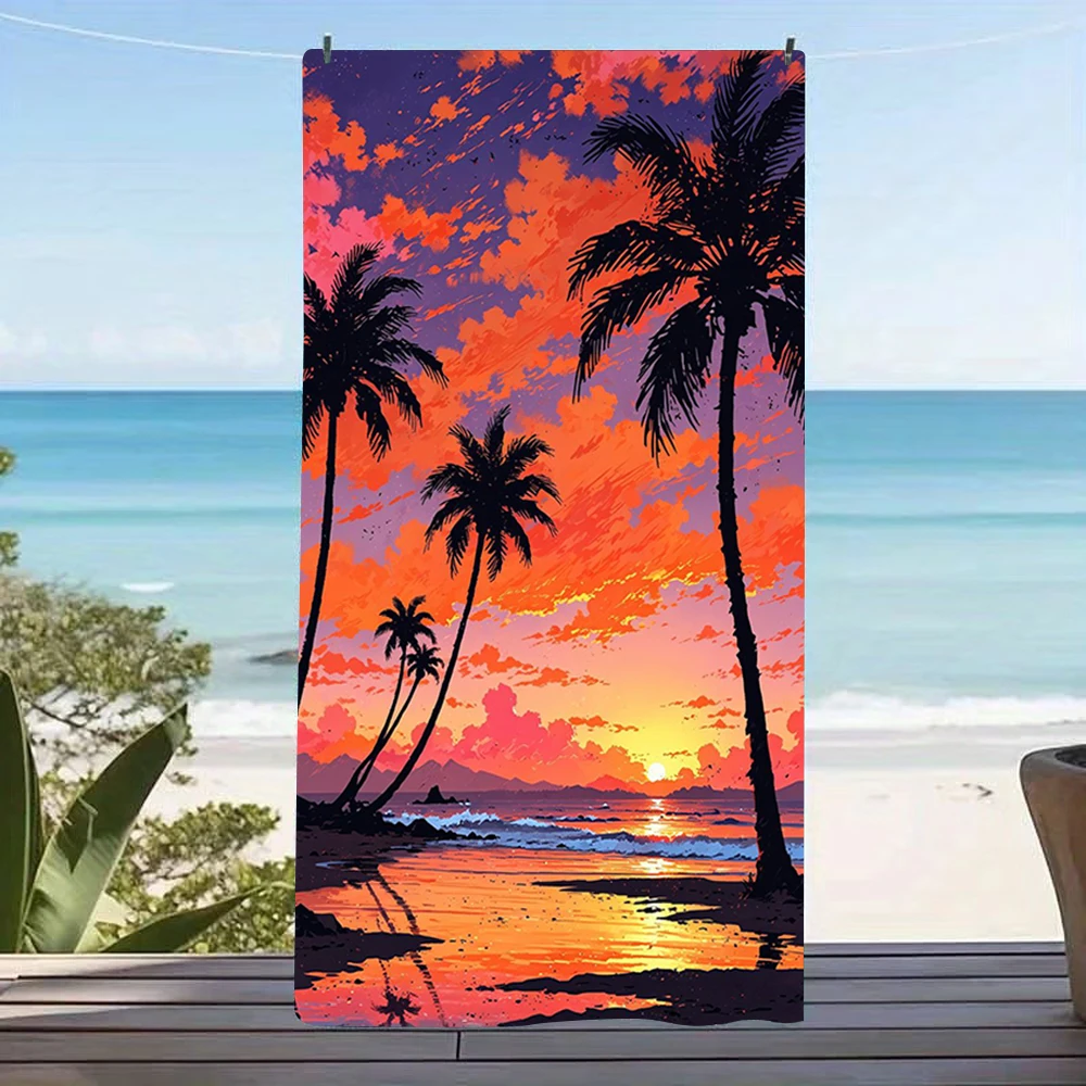 Colorful Ocean Sunset Palm Silhouette Beach Towel, Lightweight Quick-Drying Towel for Travel and Outdoor Activities