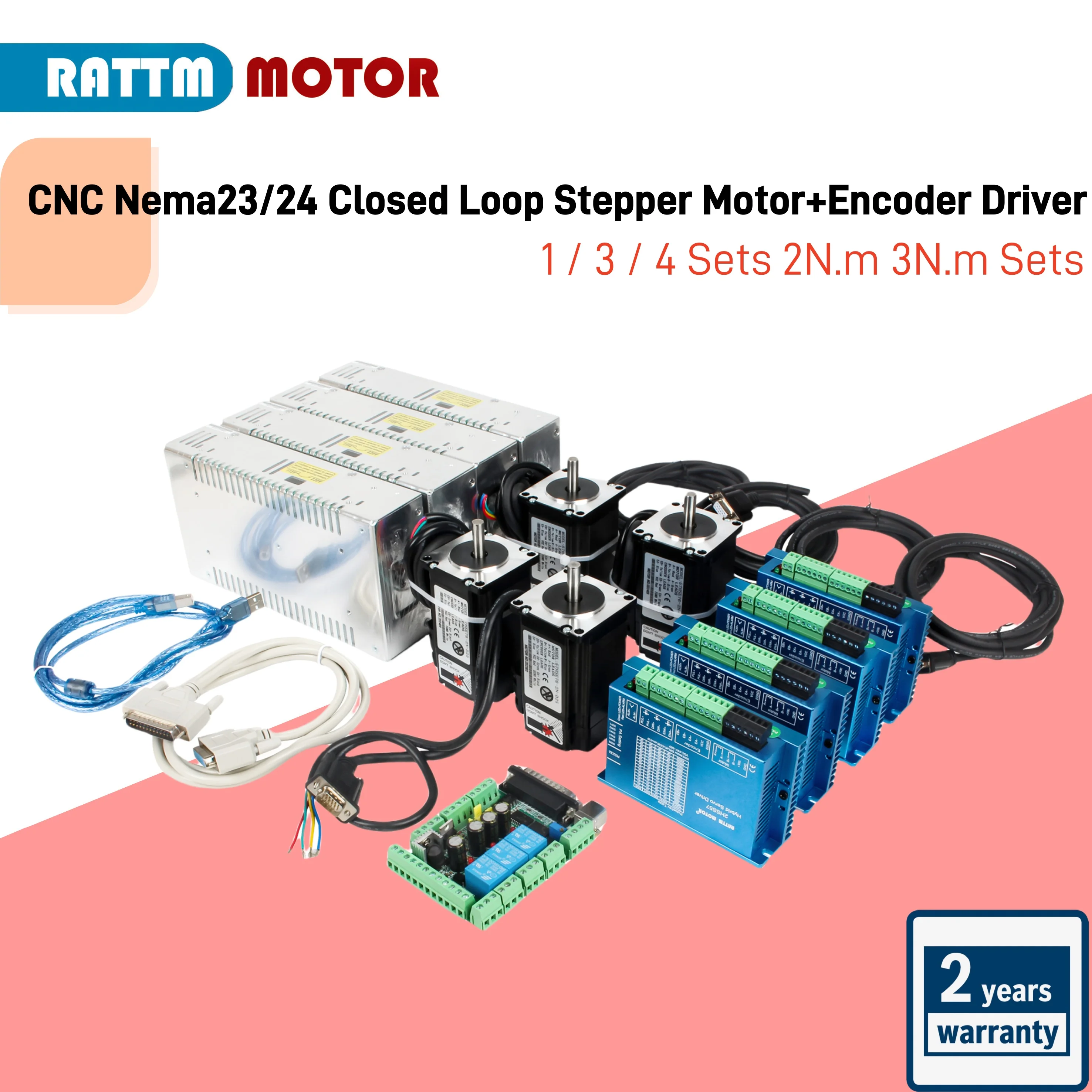 CNC 4 Axis Motion Mach3 Sets Nema23/24 2N.m 3N.m Closed-Loop Servo Motor L88mm, 2Phase Hybrid Servo Driver 350W 36V Power Supply