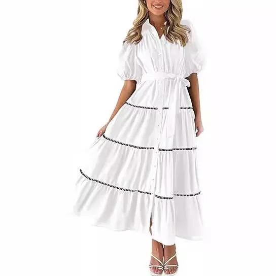 2025 verão nova moda manga bolha rendas vestido feminino simples em camadas dobrado feminino manga curta camisa vestidos