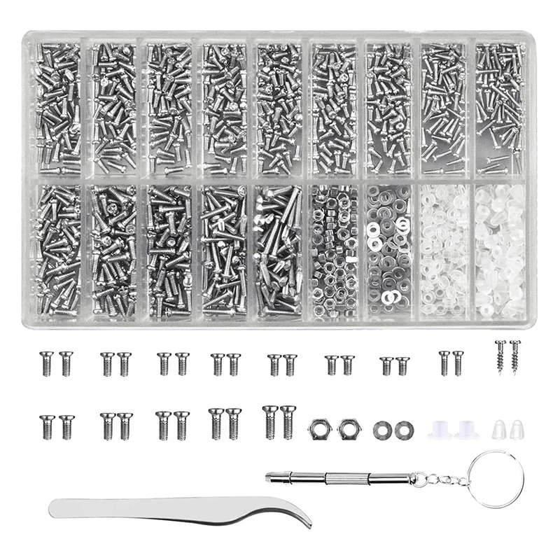 Glasses Repair Tool Kit 1000Pcs Glasses Screws and Nuts Assortment with Mini Screwdriver and Tweezer Screws Repair Kit-ABFB
