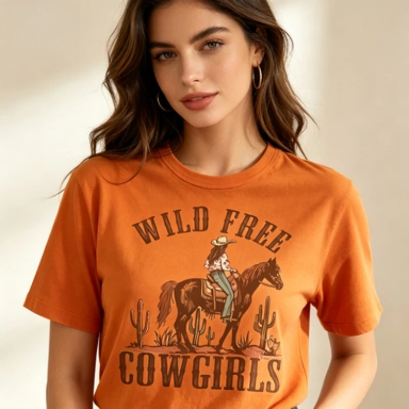 Soft Cotton Short Sleeve T-Shirt For Women, Free Cowgirls Crew Neck Daily Basic Top Available In Multiple Casual Wear Colors