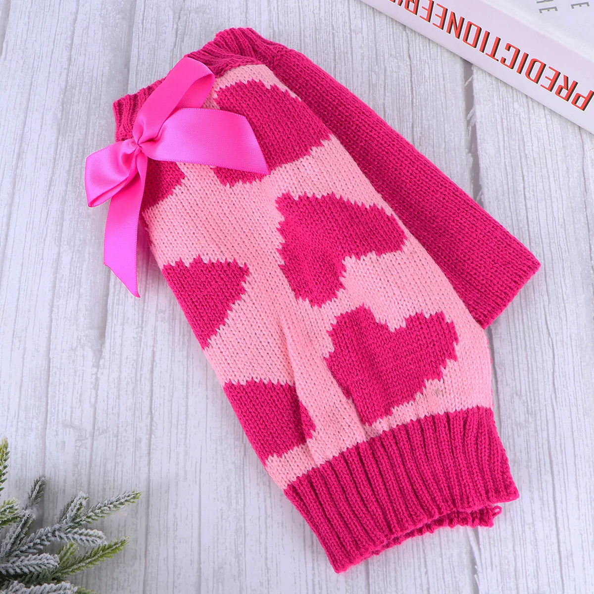 

Heart Bow Pet Sweater Rosy Small Size Acrylic Fiber Warm Cozy Dog Clothes Puppy Winter Walking Party Photo Outfit