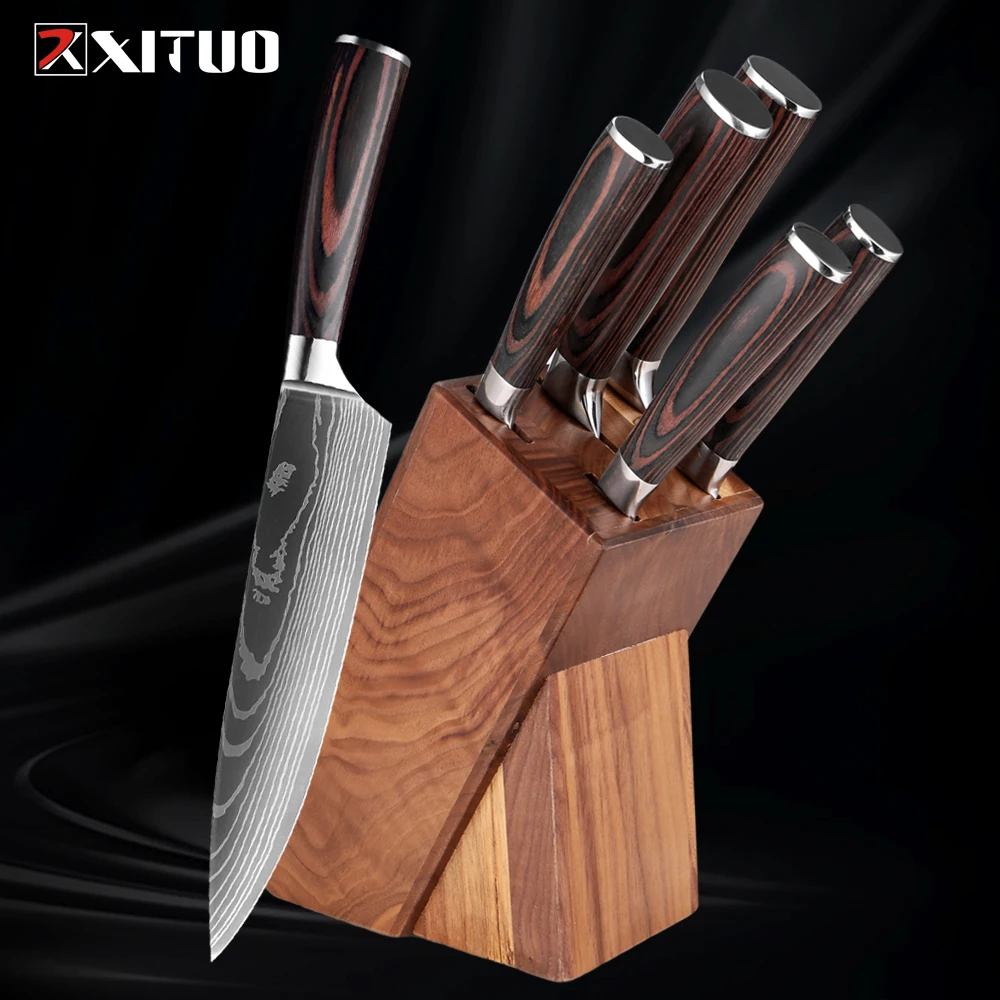 XITUO Sharp 6PCS Kitchen Knife Set Includes chef\'s knife, bread knife, boning knife, fruit knife, solid wood knife holder