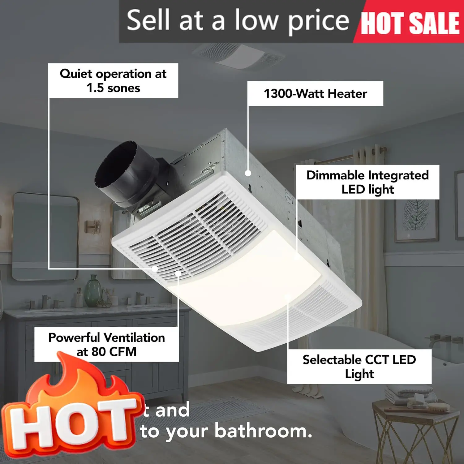 

Бесшумный вытяжной вентилятор для ванной комнаты с обогревом, 80 CFM, 15 Sones, трехуровневое CCT-освещение, мощная вентиляция, тепло и комфорт для ванных комнат