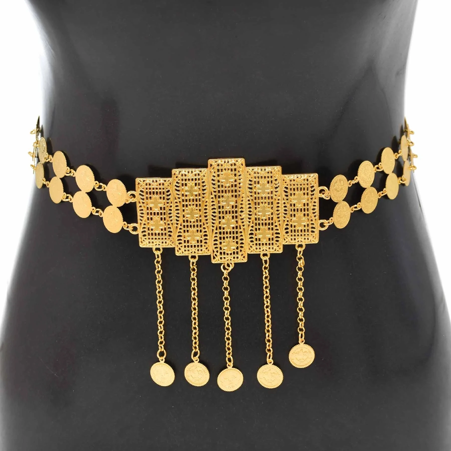 Gold Color Morocco Caftan Belt Metal Coins Pendant Chain Tassels Arabic Women Wedding Jewelry Bridal Dress Charm Waist Accessory