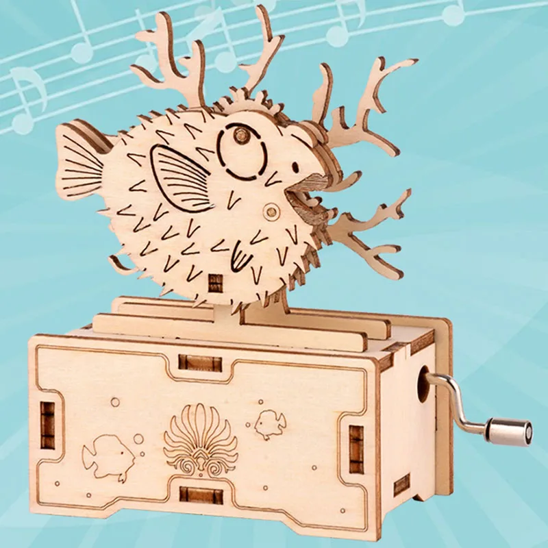 3D Puzzles Wooden Pufferfish Hand Crank Music Box Assembly Toy DIY Assembled Model Building Block Kits Gift