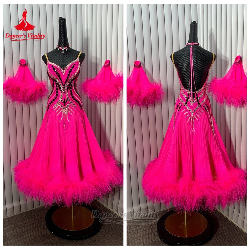 

Social Dance Feather Pearl Silk Fabric Sleeveless Sling Dress with Necklace Custom Adult Waltz Perform Clothes Dancer's Vitality