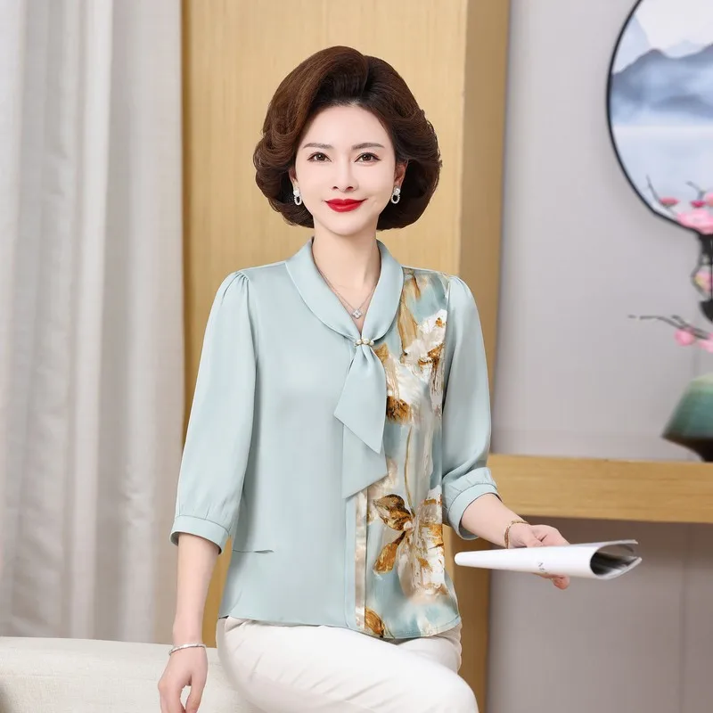 

2024 Office Lady V-Neck Stylish Bow Shirt Vintage Patchwork Floral Printed Folk Spring Autumn Women's Clothing Straight Blouse