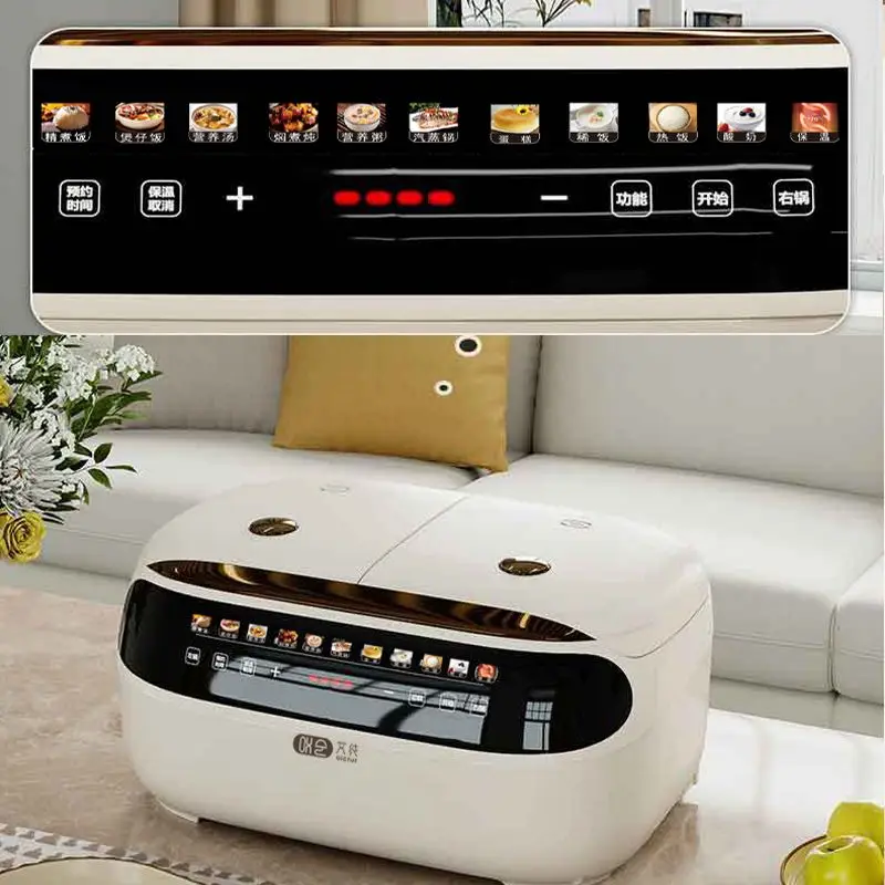 The double-boiler rice cooker can cook rice and stew soup simultaneously and can be scheduled for double-boiler