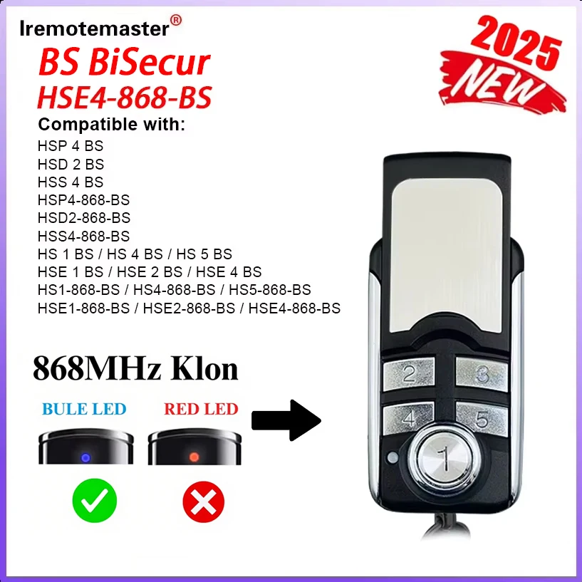 868MHz For BS Bisecur Remote Control Compatible with HSE1 HSE2 HSE4 HSE5-868-BS HS5-868-BS Garage Door Handheld Transmitter