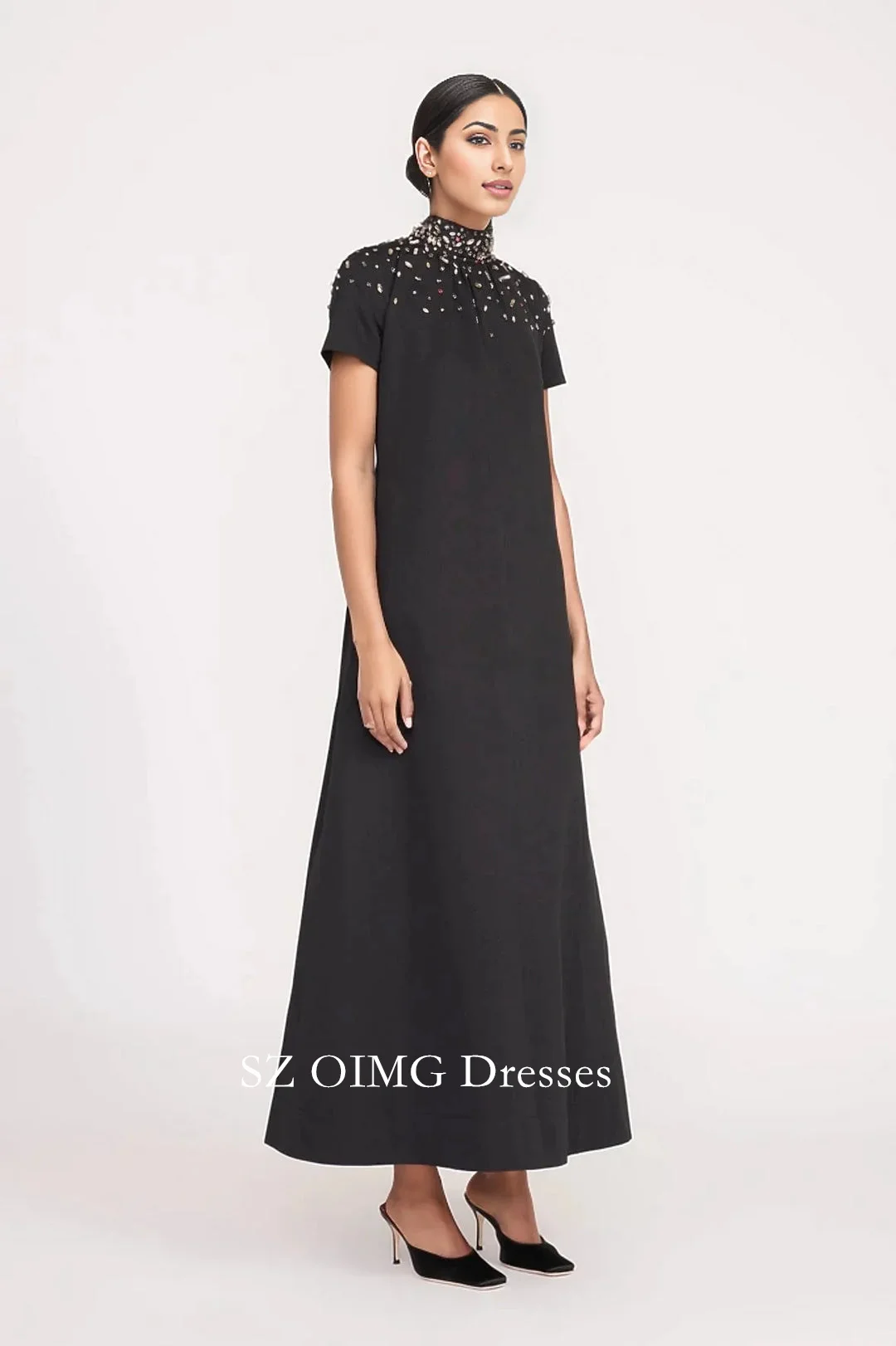 OIMG-vestido de noche de satén crepé con cuello alto, moda personalizada con lentejuelas y diamantes de imitación, vestidos de fiesta de boda negros para mujer 2024