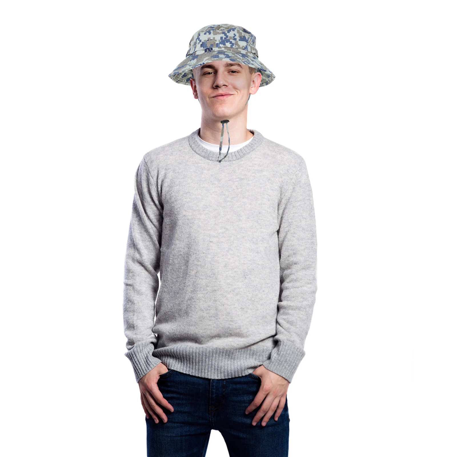 

Camouflage Boonie Hat Bucket Hat with Chin Strap for Sports Hunting Fishing Sun Protection (Blue Black Camouflage）