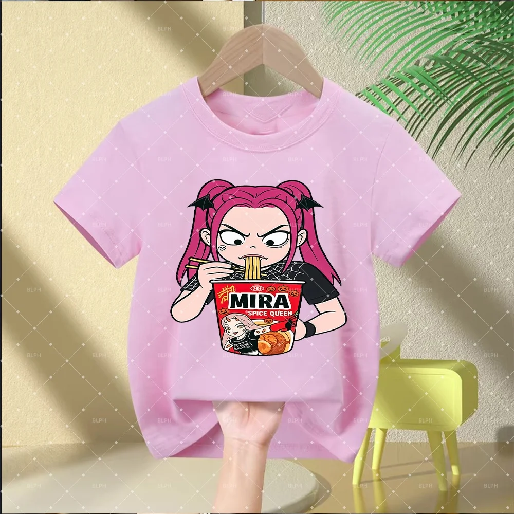 

Cute KPop Demon Hunters Style Kids T-Shirt with Anime Girl Eating Spicy Ramen Graphic