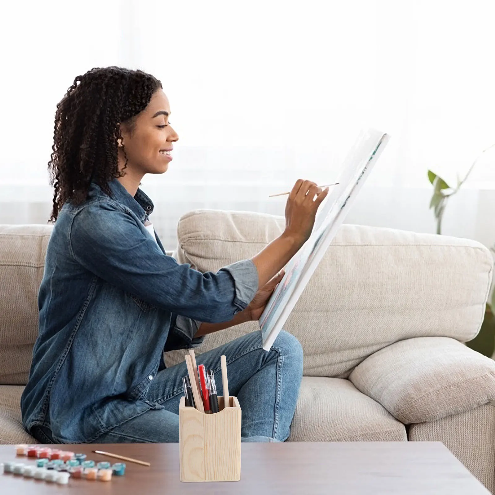 

DIY Box Container Wooden Pen Holder 2 Pcs Natural Solid Wood Organizer Storage for Office School Desk Accessories