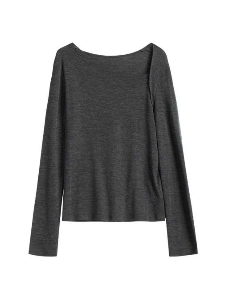 OLrain Women Elegant Tees 2025 New Autumn Solid Slim Fit Long-sleeved T-shirts Commute Asymmetrical Neck Female Tops O57QT95638