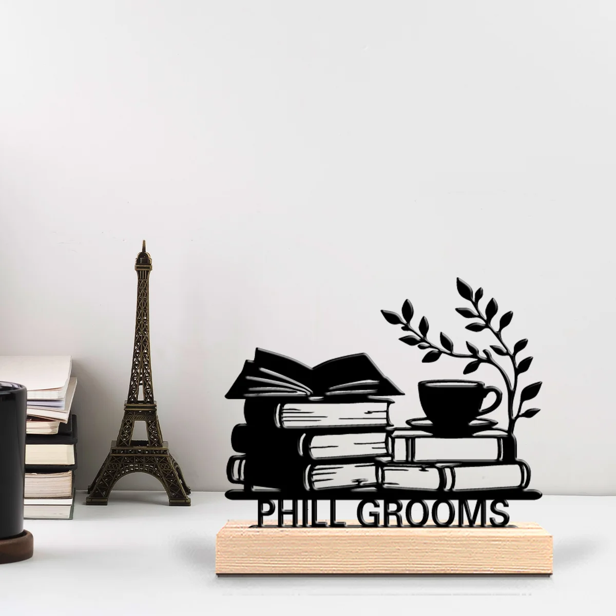 1pc Beauty Personalized Custom Books And Coffee Metal Statues Metal Art With Wooden Base Ideal For Writers, Book Lovers, Graduat