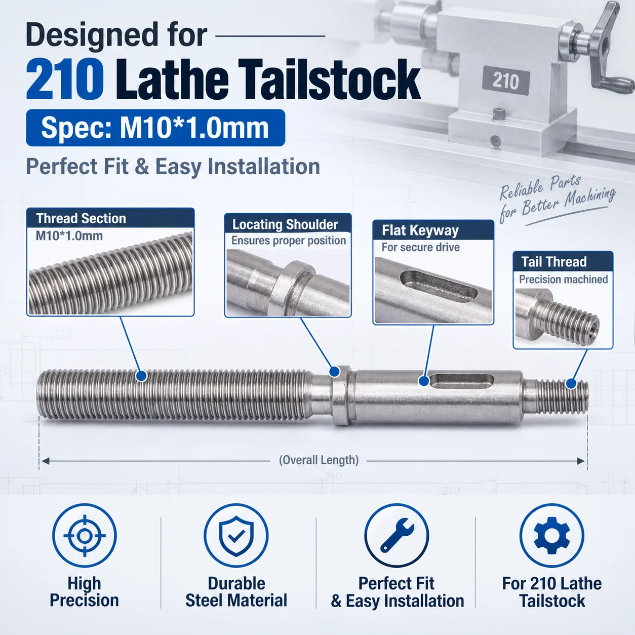 Tailstock Lead Screw M10x1mm Replacement for WM210V-506 BHC210 HS210 JY210V CTC210 Lathe Tailstock Parts