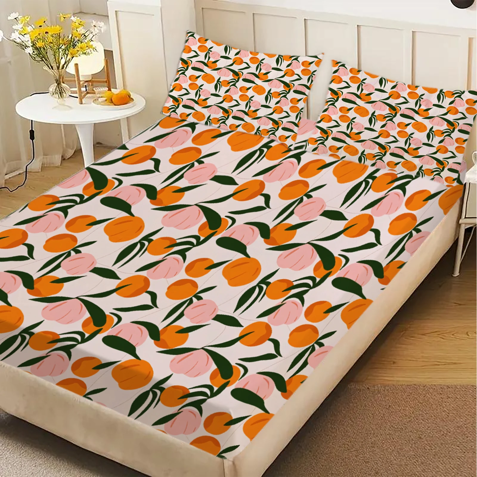 Fruit Pattern Fitted Sheet Set White Orange And Pink Peach Print Bedding With Pillowcases For Bedroom