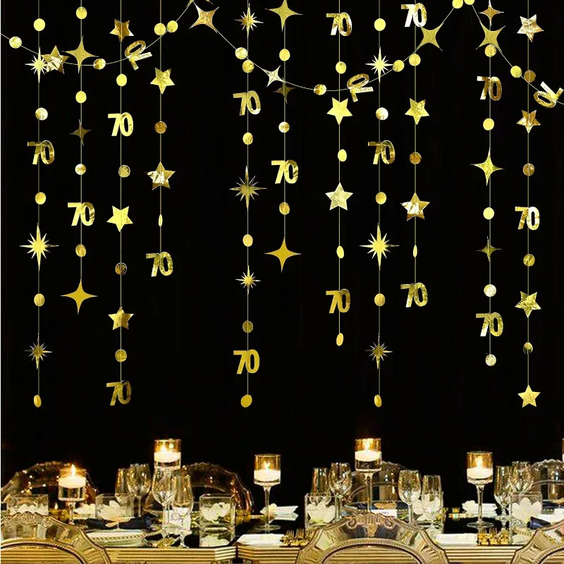 Gold 70th Birthday Banner Decorations Number 70 Circle Dot Twinkle Star Garlands Hanging Backdrop for 70 Year Old Birthday Party