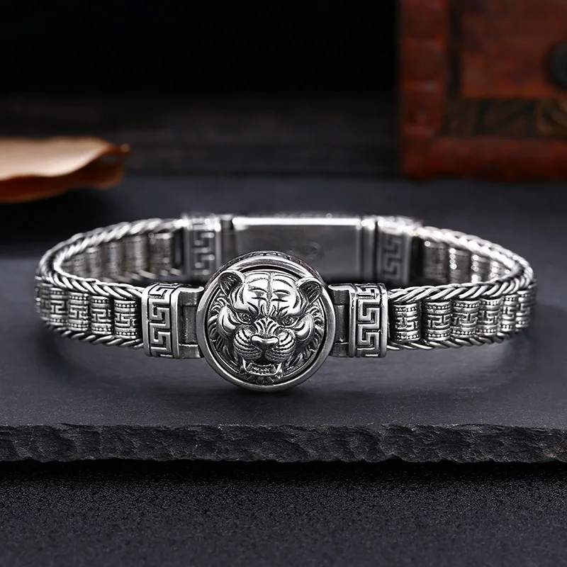 925 sterling silver rotatable tiger head bracelet thick style warp tube trendymen thai silver retro jewelry