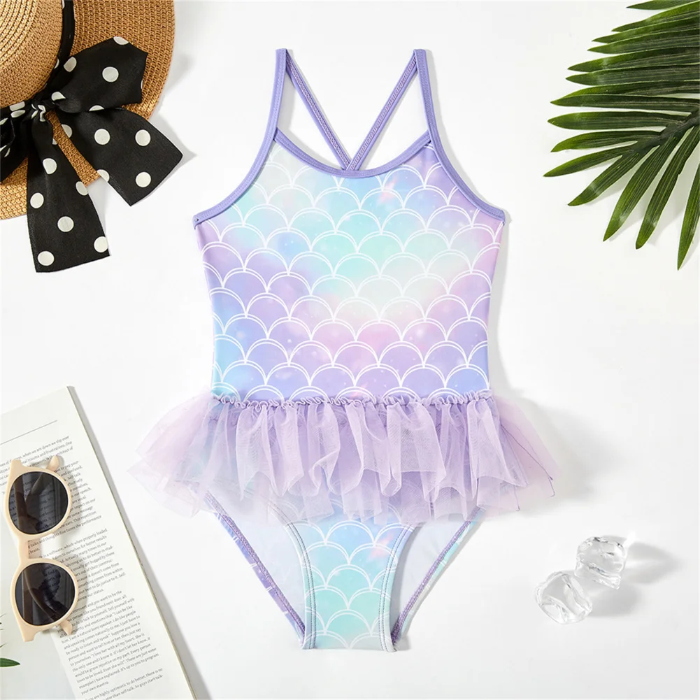 Toddler Girls Leotard Swimsuit Round Neck Princess Fish Scale Pattern Design Cross Back Bathing Suit