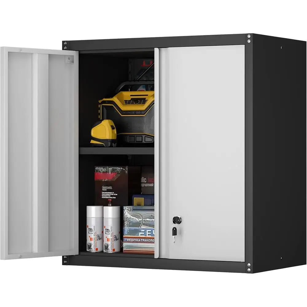 Steel Wall Cabinet, Heavy Duty Hanging Garage Storage Cabinet with Adjustable Shel & Locking Do, Wall Mounted Metal Garage Cabin