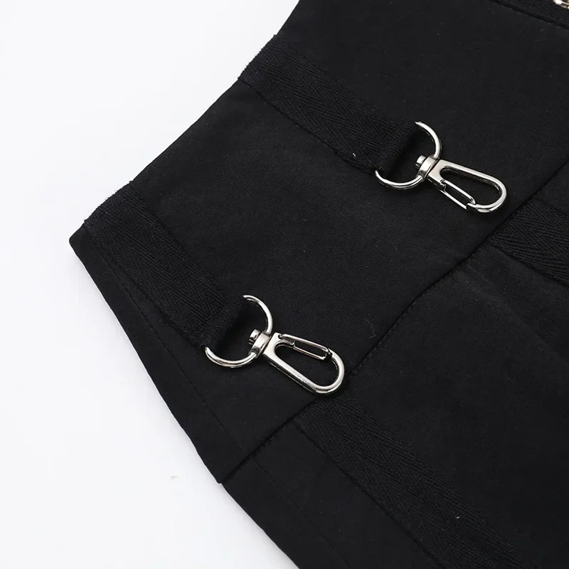 Goth Dark Acubi Fashion Black Swing A-line Skirt Punk Grunge Metal Buckle Streetwear Bandage Skirts Mall Gothic Alt Clother