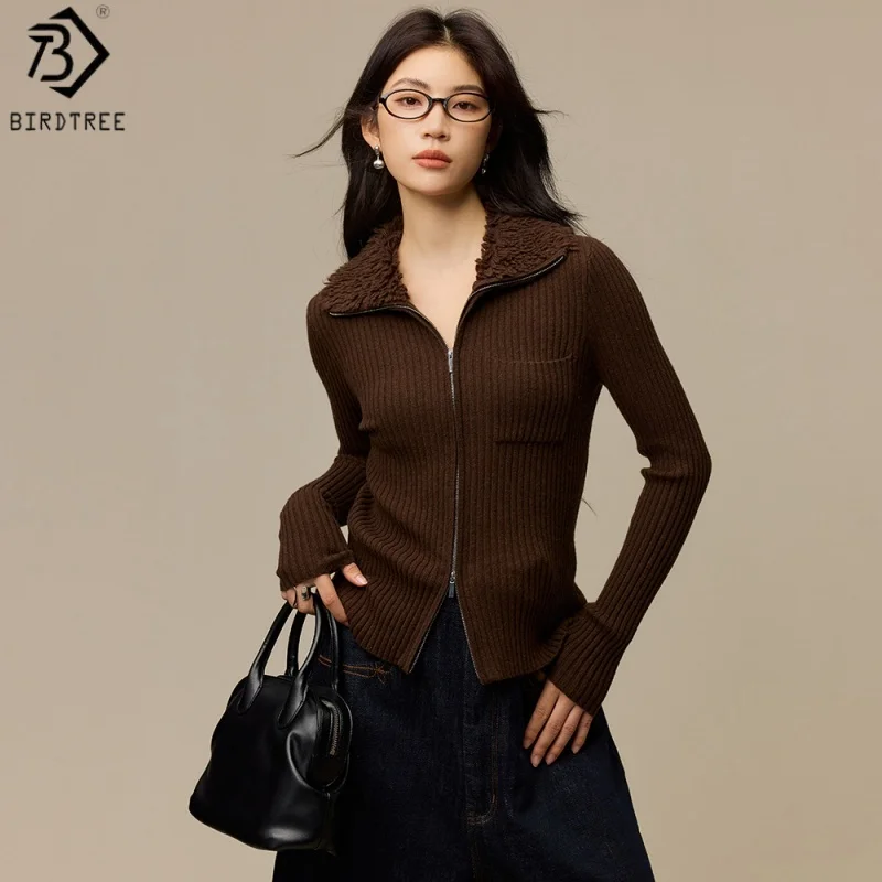 Birdtree, 88.7% Sheep Wool Zipper Undershirt, Lapel Slim Shirt, Long Sleeve, Women Knitted Sweater, 2026 Autumn New T6O714JF