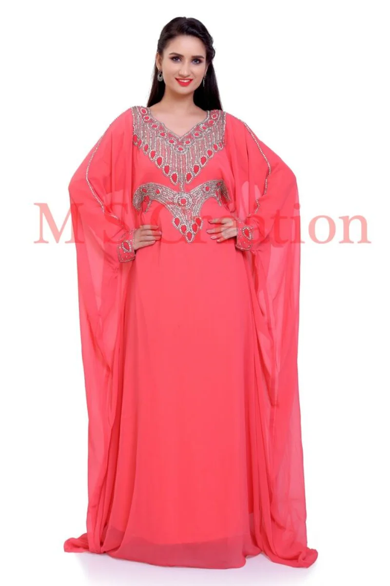 

New Year Moroccon Peach Georgette Zari Stone Work Kaftan Farasha Abaya Indian Dress