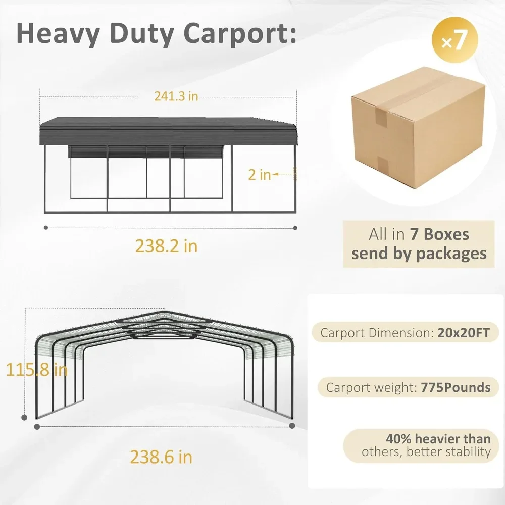 20'x20 'heavy-duty Metal Carport with Alloy Steel Roof, Car Cowshed with Innovative Assembly Structure