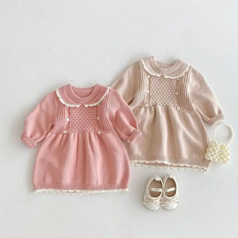 

Spring 2026 Knitted Dress for Girls Korean Style Lace Collar Princess Versatile Autumn Clothing for Toddler and Little Girl ﻿