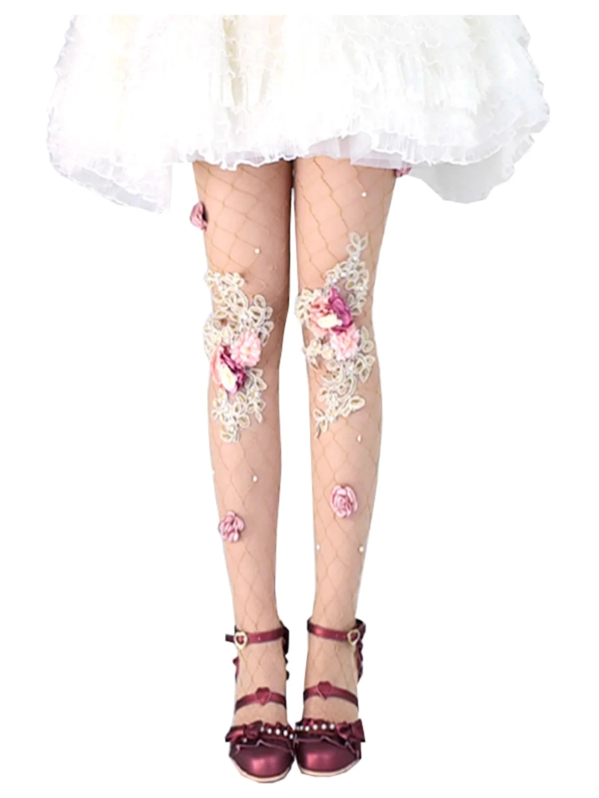 

Women's Diamond Embroidered Jumpsuit Big Net Flower Design Pearl Accents Skin Tone Mesh Socks 2025 Fashionable Casual Outfit