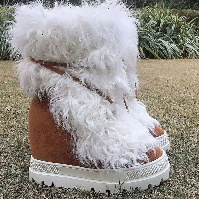 

Warm Winter Curly Wool Fur Snow Boots Genuine Leather wedge Height Increasing Ankle Boots Bandage Fur Boots Woman Platform Shoes