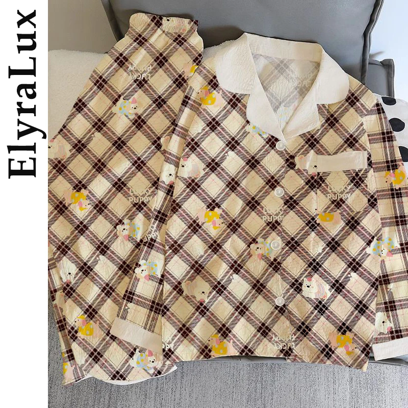 

ElyraLux Classic Grid Print Pajama for Women Long Sleeve Pants Two-Piece Sets Spring Autumn Sleepwear Cute Doggy Print for Girl