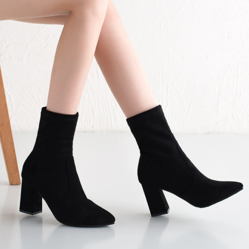 รองเท้าบู้ทสตรีแฟชั่น2024, รองเท้าบูทผู้หญิงหัวแหลมหัวแหลมสำหรับฤดูหนาวรองเท้าบูทส้นหนาทรงกระบอกสั้น