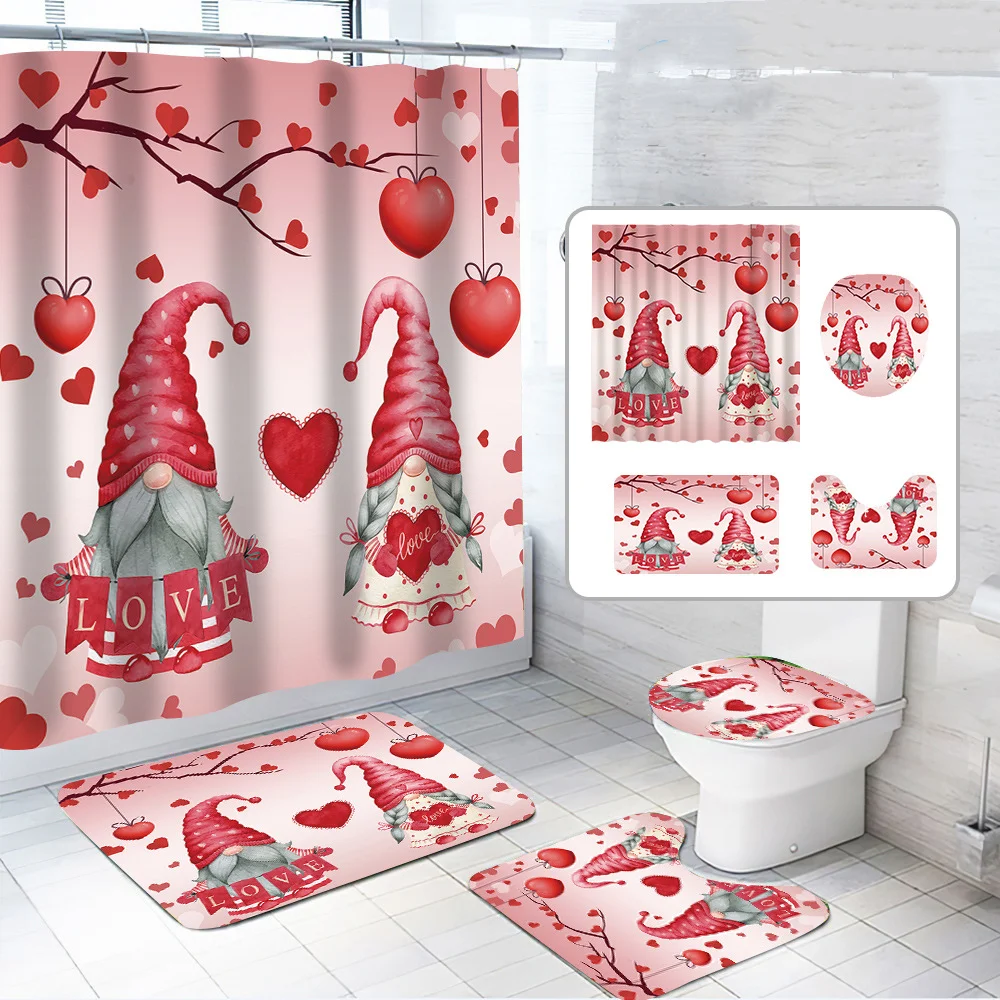 

Valentine's Day Shower Curtain Sets with Non-Slip Rug Toilet Lid Cover Bath Mat Farmhouse Cute Gnome Shower Curtain with Hooks